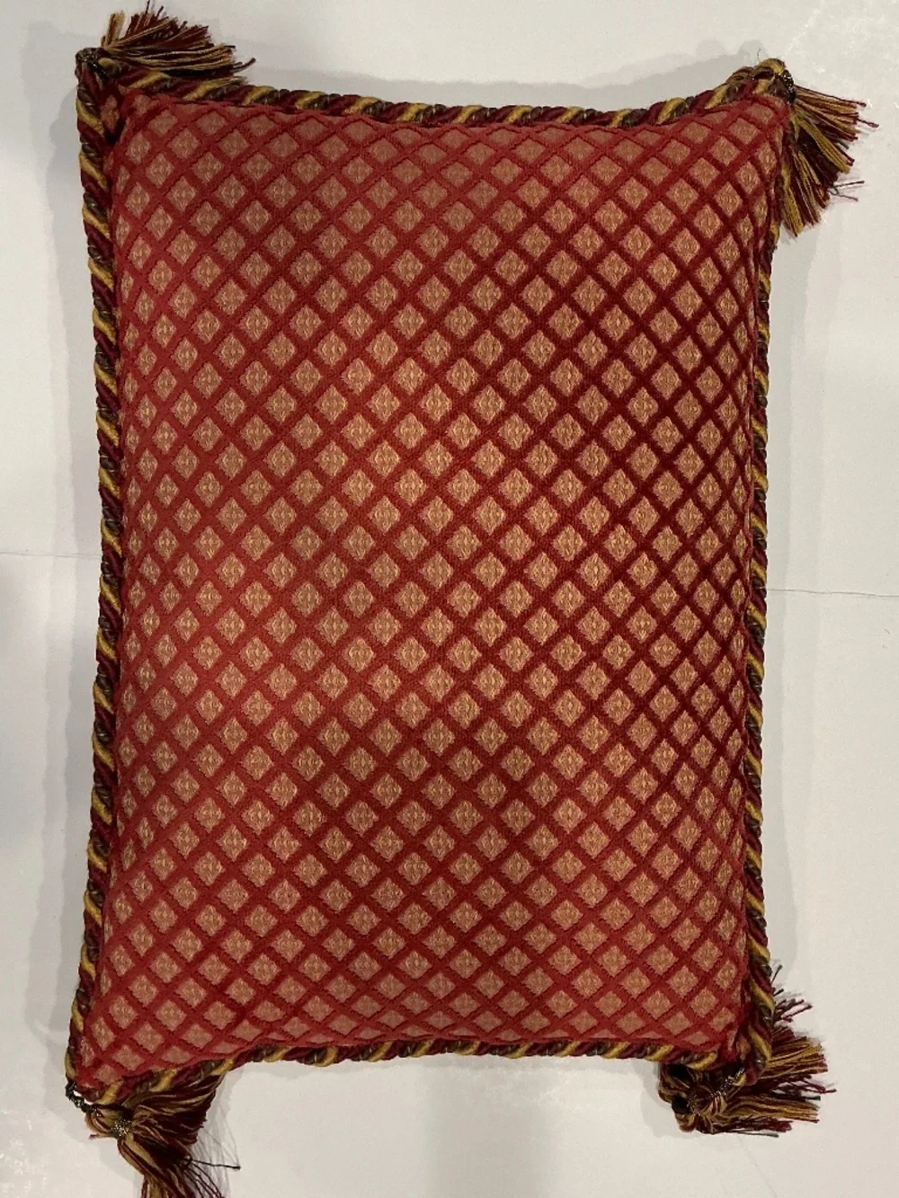 Italian made Damask rope trimmed lumbar pillow 16”x11” in red